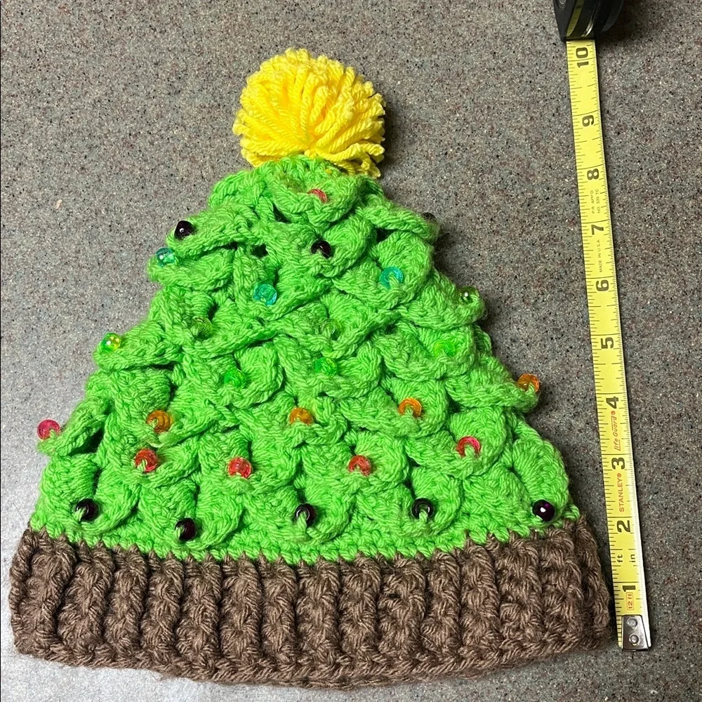 Green Crochet Beanie‎ with Yellow Pom-Pom handmade
